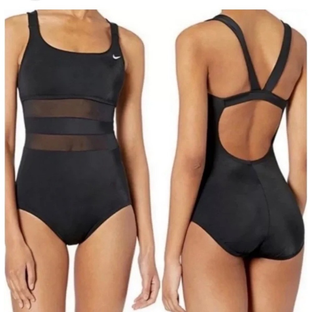 NIKE Mesh Edge V-Back One-Piece Swimsuit Size L Black